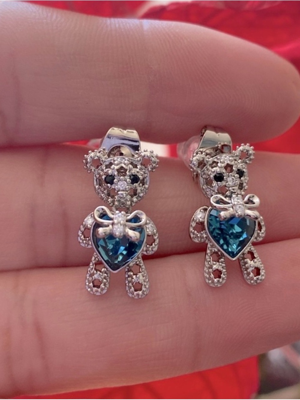 Silver Teddy Bear Earrings with Blue Heart Crystals